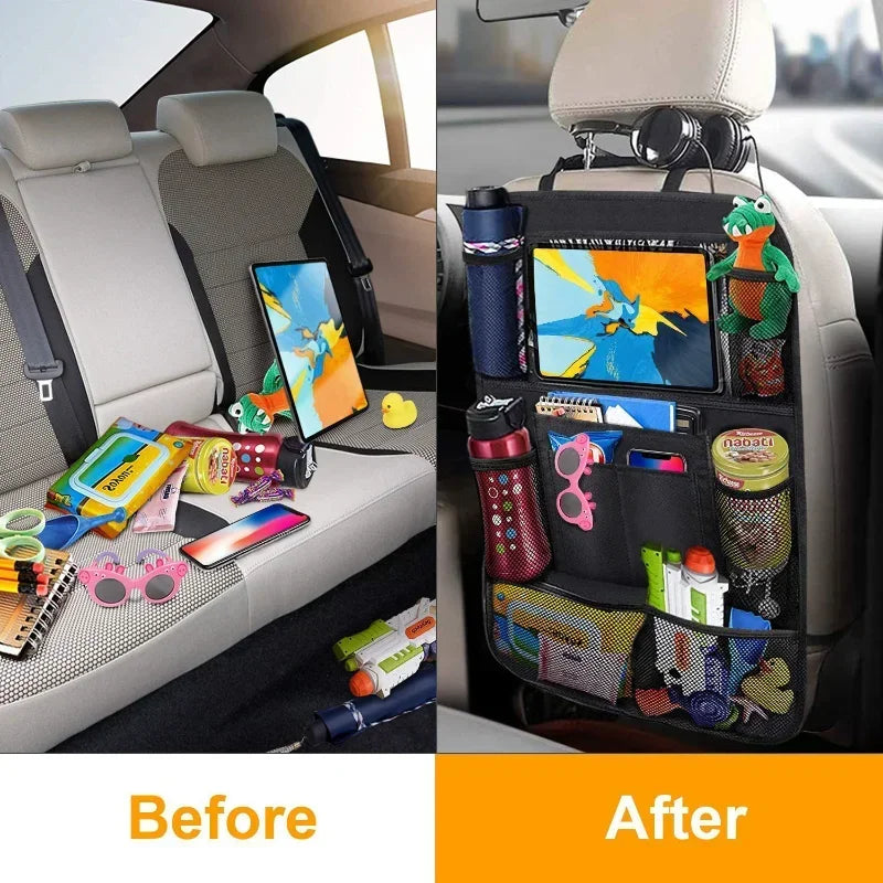 Car Rear Seat Organizer with Touchscreen & Tablet Holder – Multi-Pocket Storage & Seat Back Protector